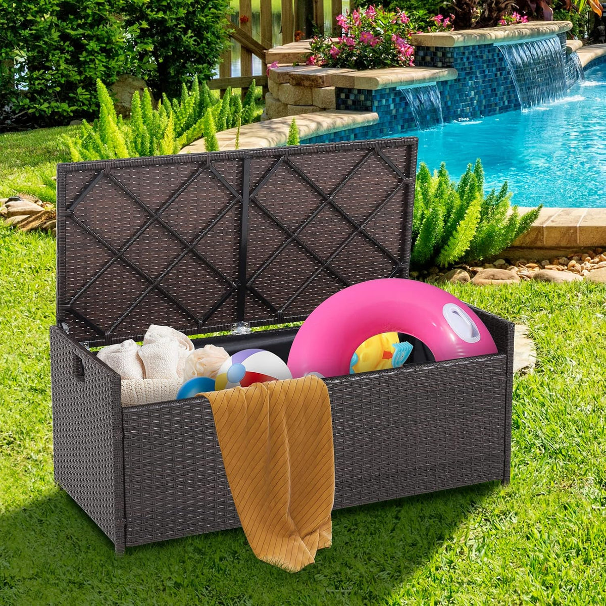 tangkula 34 gallon outdoor storage bench with seat, close-up detail