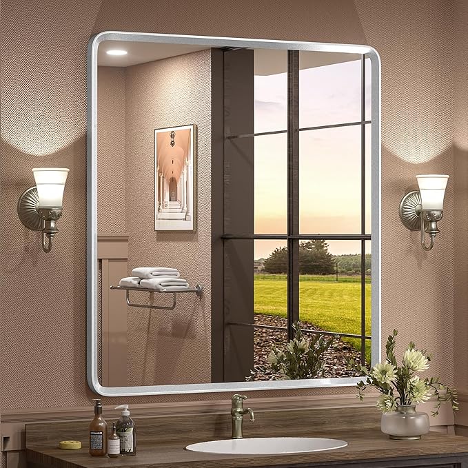 32x36 Inch Silver Bathroom Mirror, Rounded Rectangle Bathroom Vanity Mirror by GOLOMO