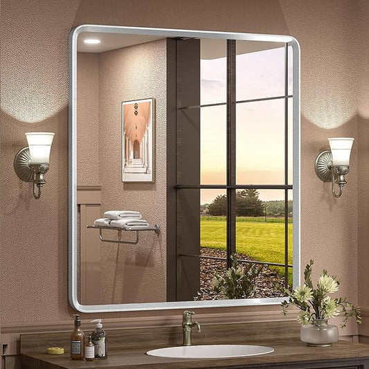 32x36 Inch Silver Bathroom Mirror, Rounded Rectangle Bathroom Vanity Mirror by GOLOMO