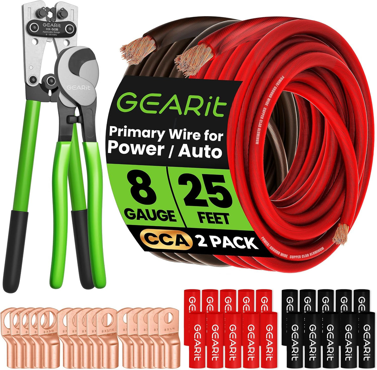 GEARit 8 Gauge Ground Wire Kit, All-in-One Kit: Crimping Tool, 15 Lugs