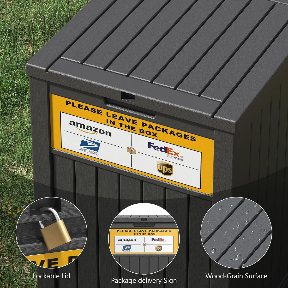 lhbgo package delivery box for outside with sign on a desk or shelf