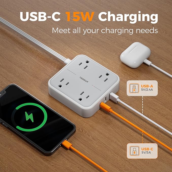 Surge Protector Flat Extension Cord 15Ft, TESSAN Flat Plug Power Strip - Image 3