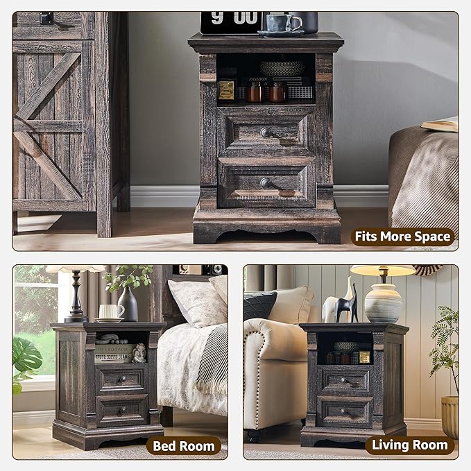 Farmhouse Nightstand with Charging Station, Wooden Sofa Side Table w/Roman - Image 3