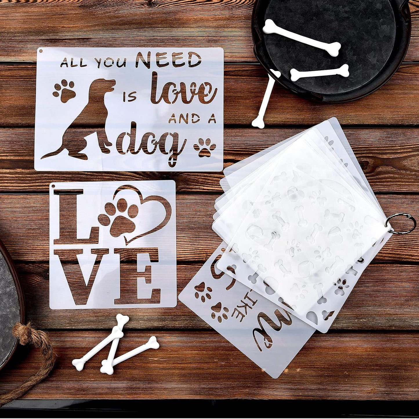 Outus 11 Pieces Dog Paw Print Stencils Trail of Paw Prints Stencil Love Dog Reusable Painting Templates with Metal Open Ring for DIY Scrapbooks Painting on Wood Wall Home Supplies