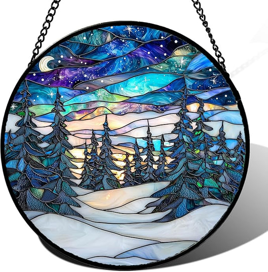 DASTOLL Stained Glass Window Hanging, Starry Sky Trees and Snow Sun Catchers by DASTOLL