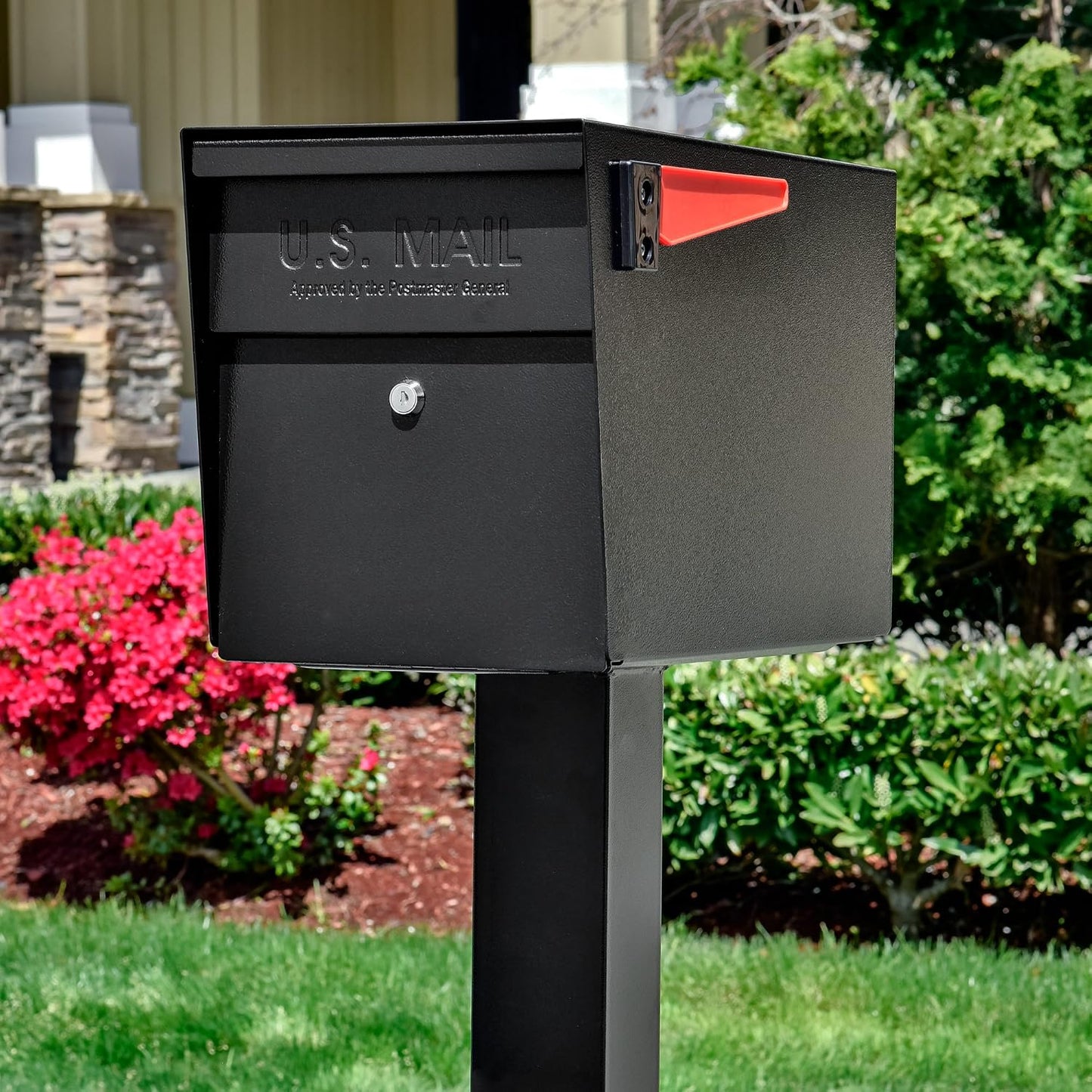 Mail Boss 7106 Curbside Steel Post Mount Security Locking Mailbox, Black, Extra Large, 21 in. D x 11.125 in. W x 13.75 in. H & 7127 Surface Mount, Black Mailbox Post
