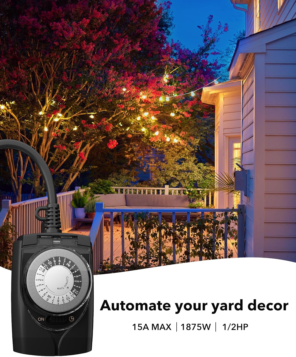 HBN Outdoor Timer Outlet Waterproof, 24 Hour Mechanical Light Timers for Electrical Outlets Outdoor Weatherproof, 2 Grounded Outlets for Christmas Lights, Holiday Decorations, 15A 1/2HP