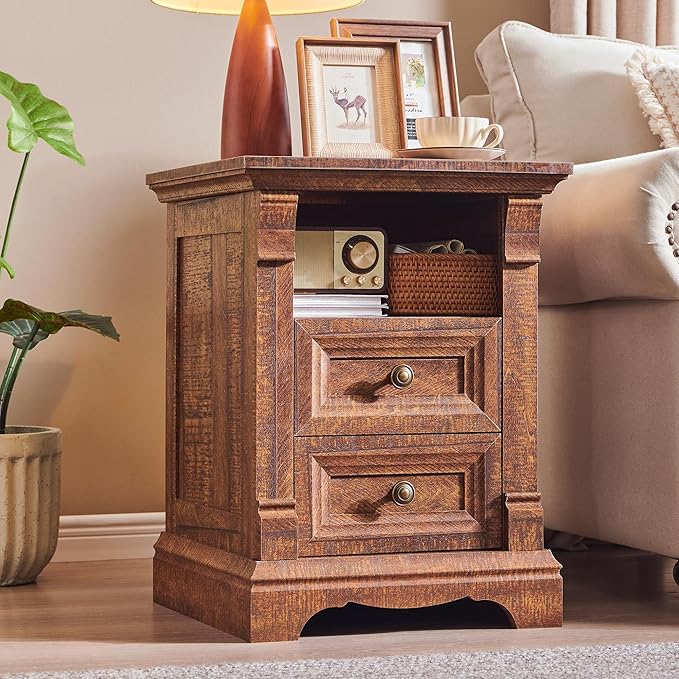 Farmhouse Nightstand with Charging Station, Wooden Sofa Table w/Roman Column by T4TREAMFurniture