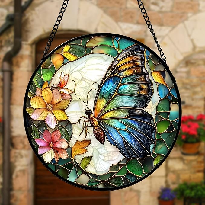 DASTOLL Stained Glass Window Hanging, Butterfly Flower Sun Catchers Diamond - Image 3
