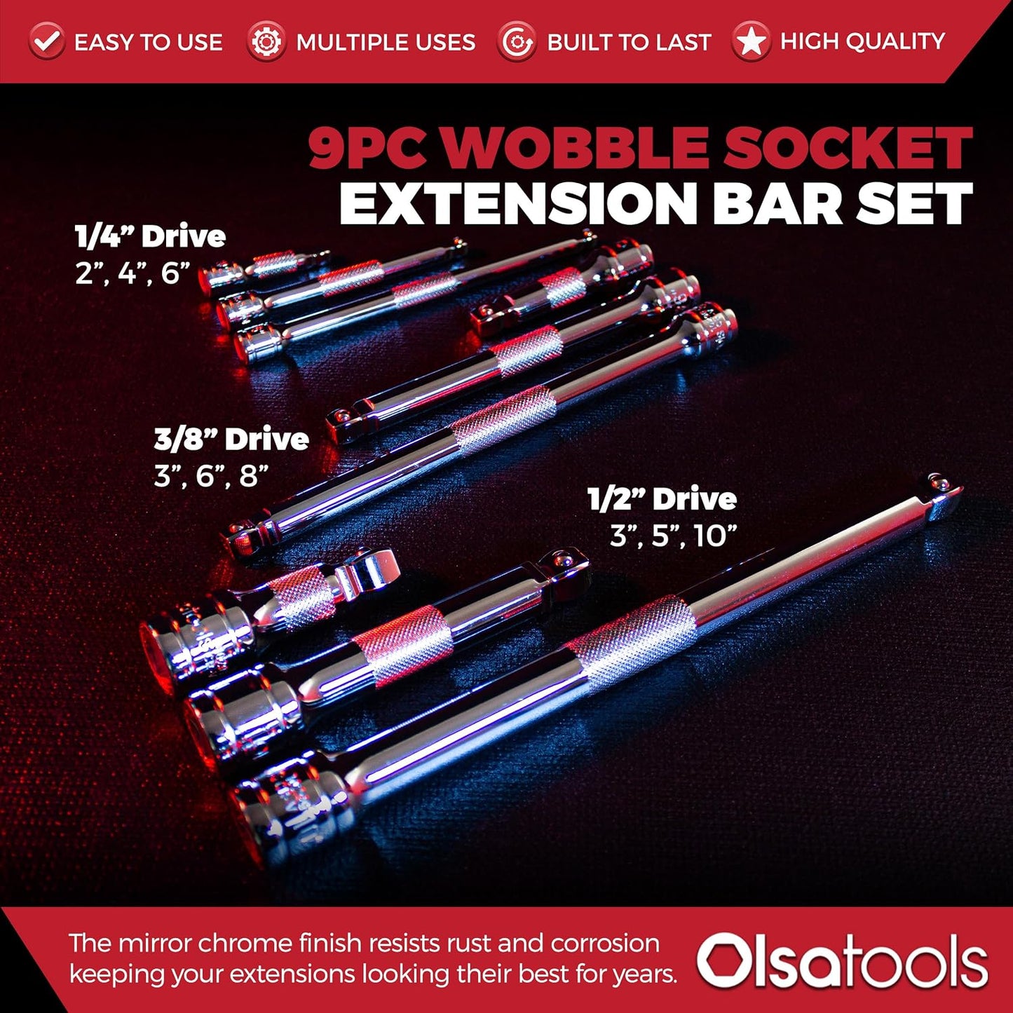 Olsa Tools Wobble Socket Extension Set - 9Pc Cr-V Dual Function Extension Bars - 1/2", 3/8", 1/4" Drive Ratchet Attachments with Non-Slip Grip - High-Performance Garage Tool - Part 1460