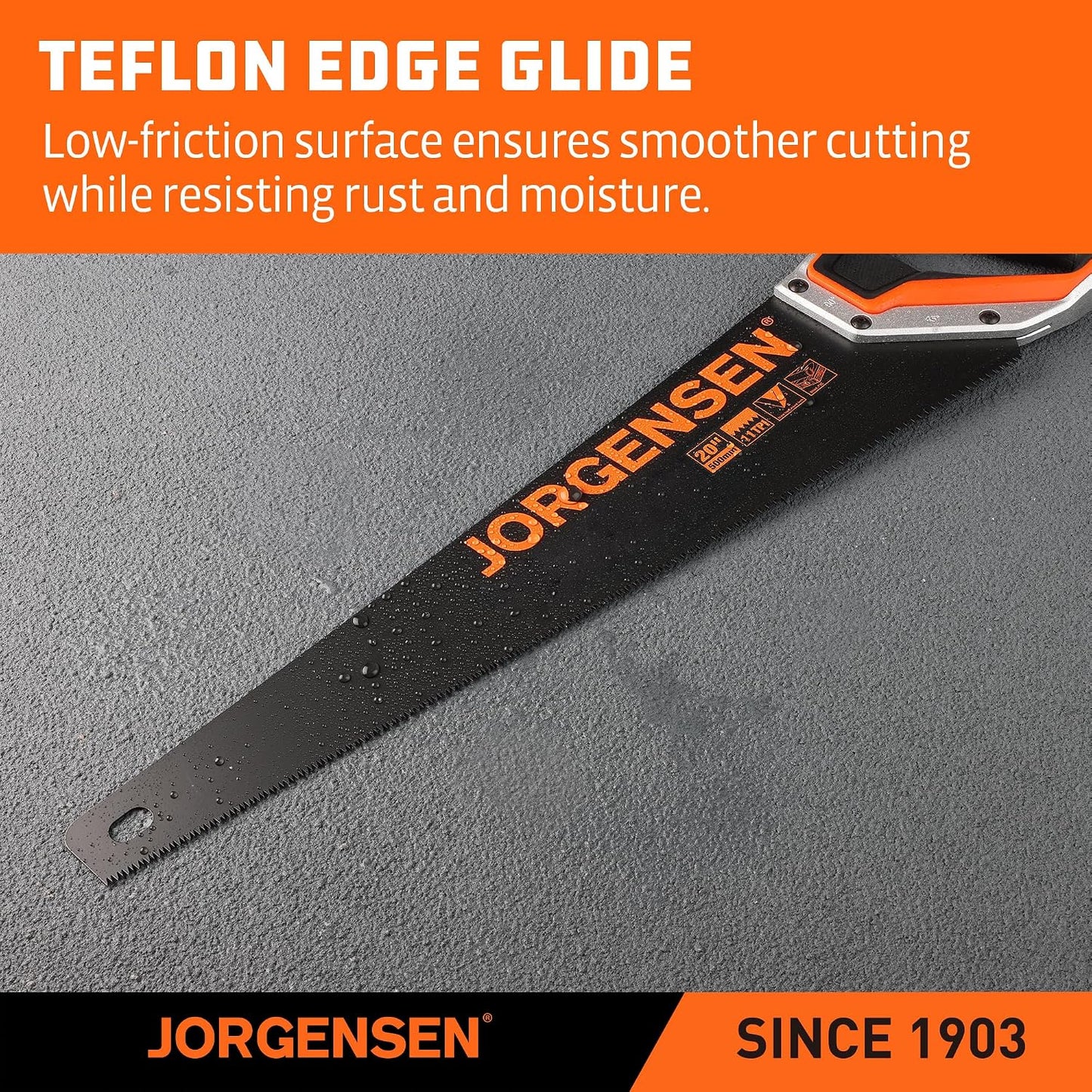 JORGENSEN 20-Inch Hand Saw, 11 TPI Coarse Blade for Wood Cutting | Black-Coated Blade with Ergonomic Non-Slip Aluminum Handle for Sawing, Trimming, Gardening, Pruning, and PVC Cutting