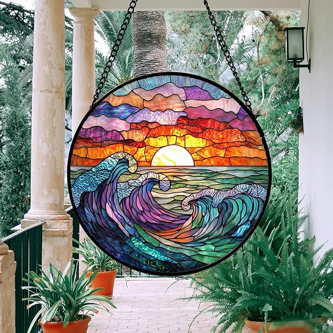 DASTOLL Stained Glass Window Hanging, Clouds and Sea Waves Suncatcher Diamond - Image 4