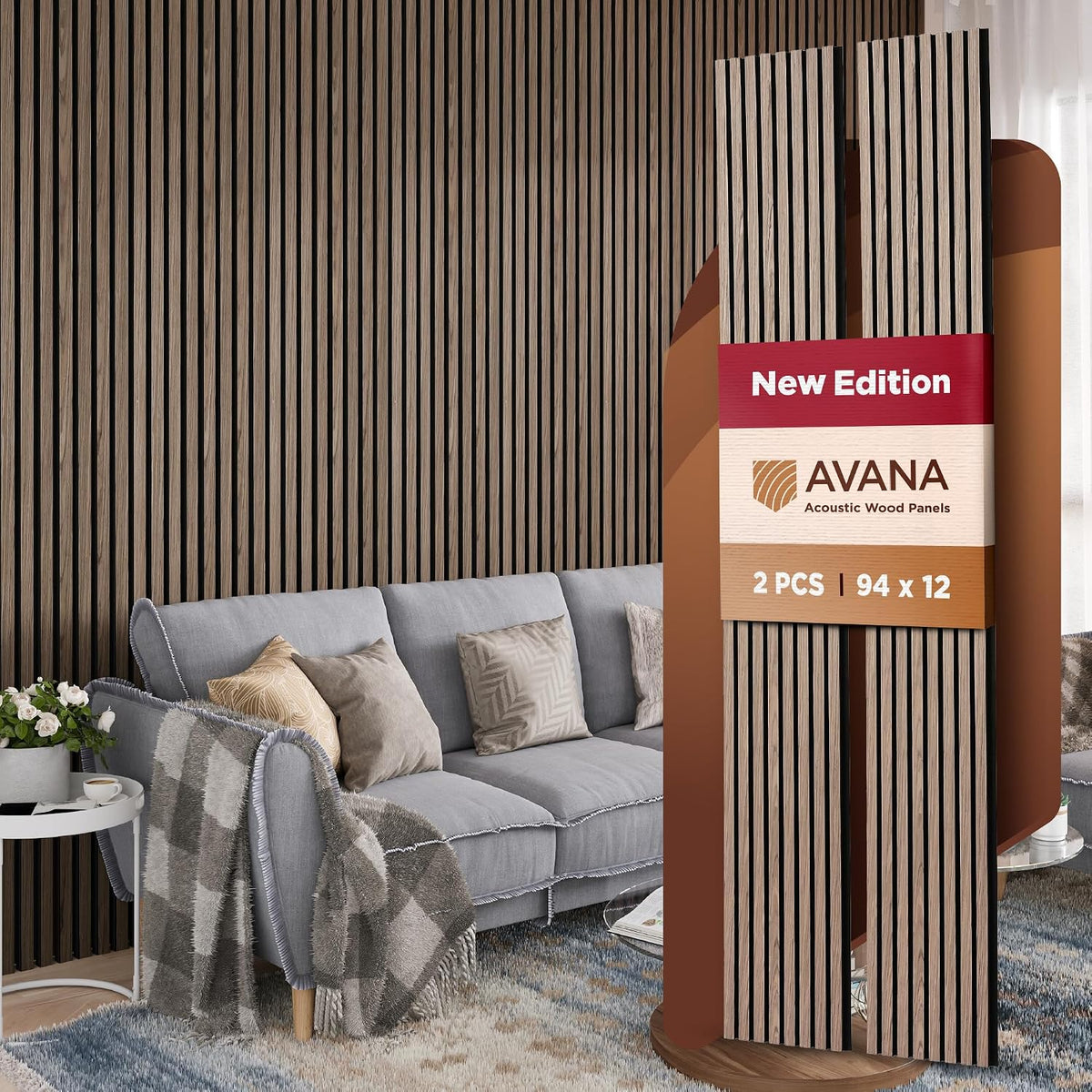 Avana Acoustic Wood Wall Panels – 94.4 x 12.6 Inch Natural Walnut Acoustic