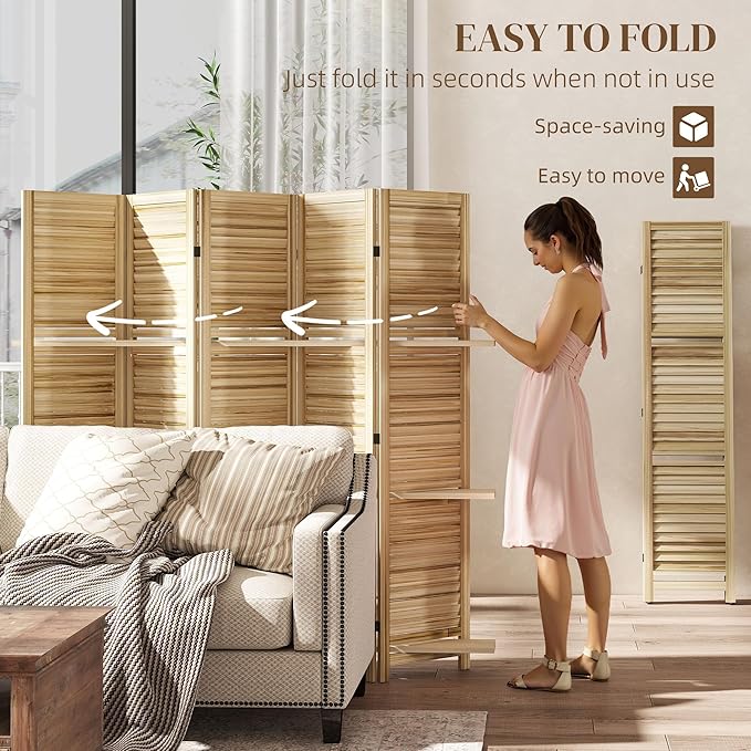 HOMCOM Room Divider, 5 Panel 67" Tall Wood Privacy Screen - Image 4