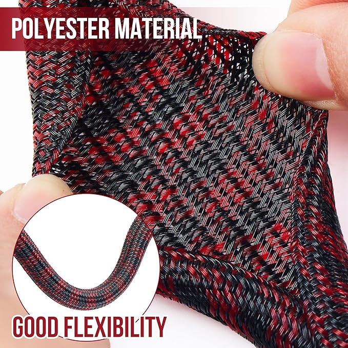 QCSIW Split Cable Sleeve, 3/4" 25ft Black Red Braided Wire Loom - Image 2