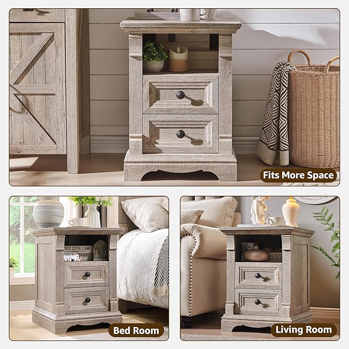 Farmhouse Nightstand with Charging Station, Wooden Side Table w/Roman Column - Image 3