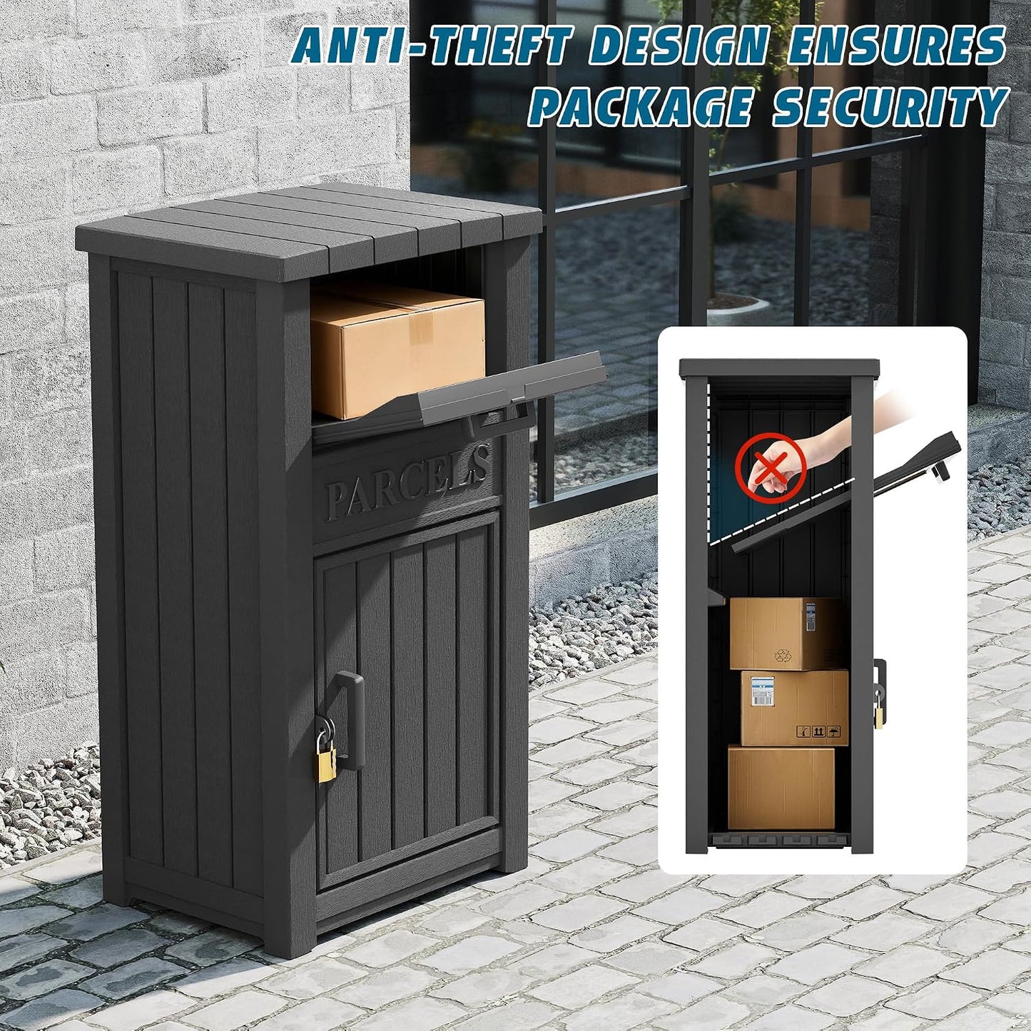 Package Delivery Box with Sign, Lockable & Weatherproof Anti-Theft Parcel Delivery Box for Porch, Curbside, Patio，Black