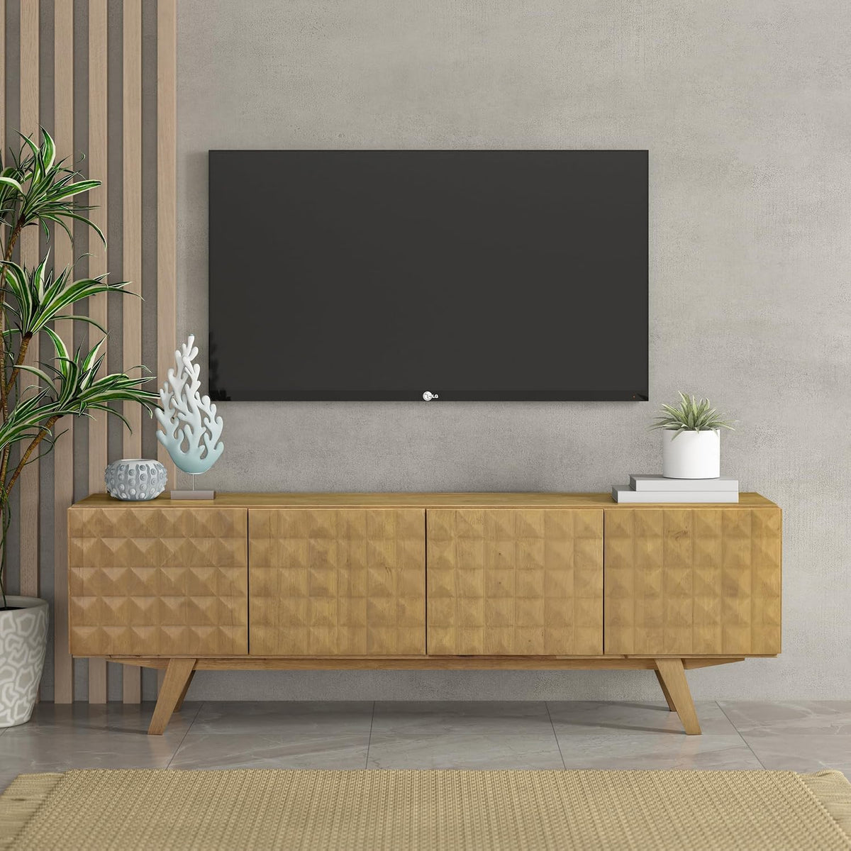 NTC Sapa Mid-Century Modern Solid Wood TV Stand 4-Door Media Console