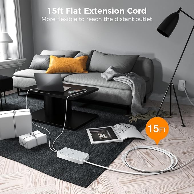 Flat Plug 15 FT Extension Cord, TESSAN Surge Protector Power Strip - Image 2