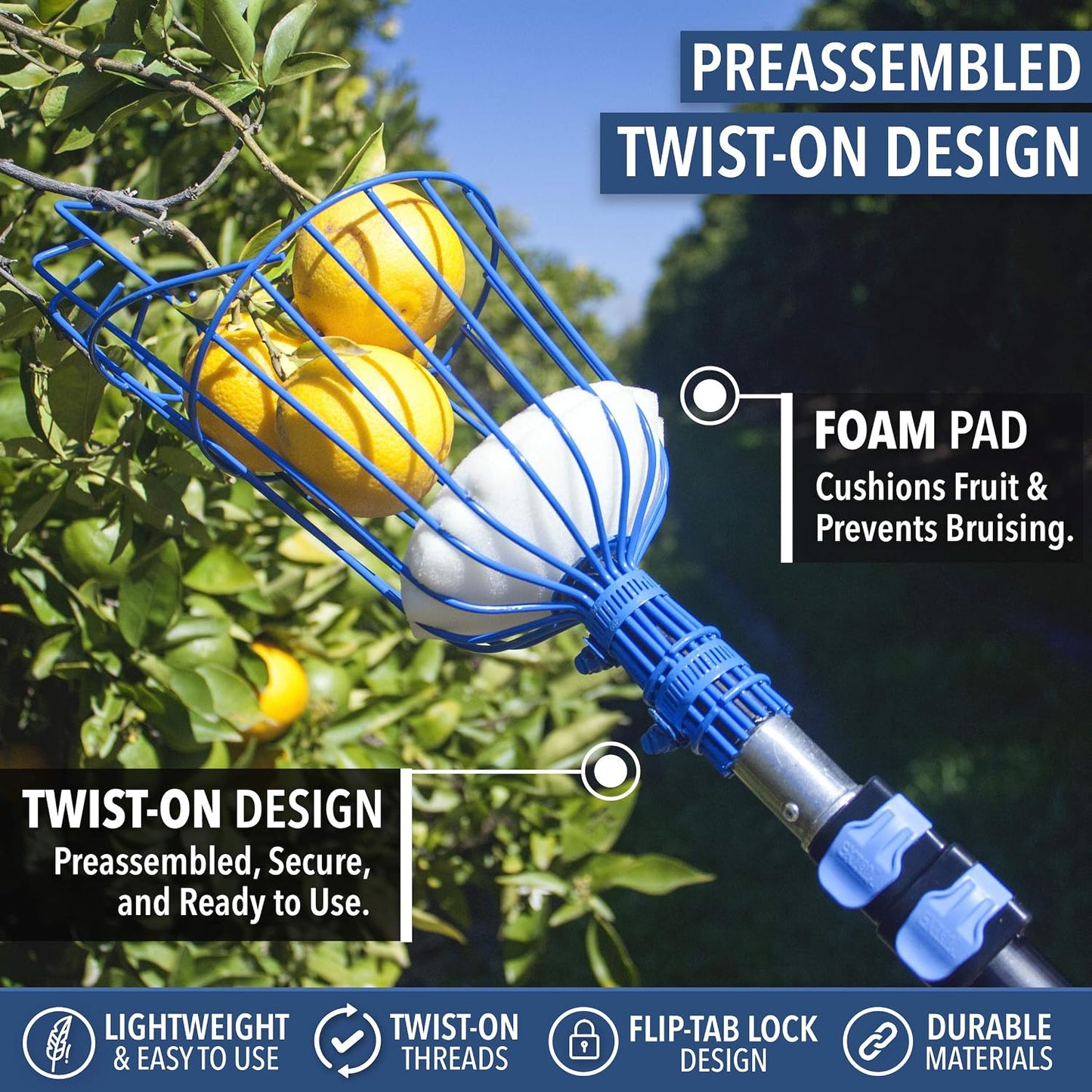 EVERSPROUT 4.5 to 12 Ft Fruit Picker with TwistOn Basket and Extension Pole | Fits 3/4-Inch ACME Poles, Foam-Cushioned Basket, Fits Fruit 1.25 to 5.5 Inches, for Apples, Oranges, Limes, Mangos and More