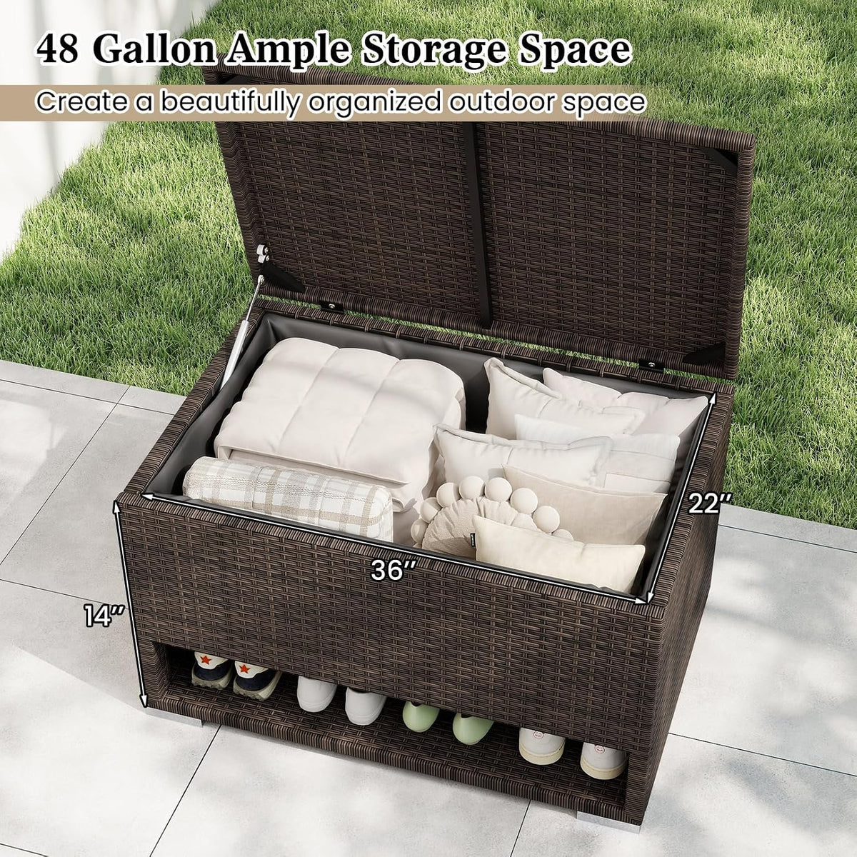 tangkula 48 gallon rattan outdoor storage box with, close-up detail