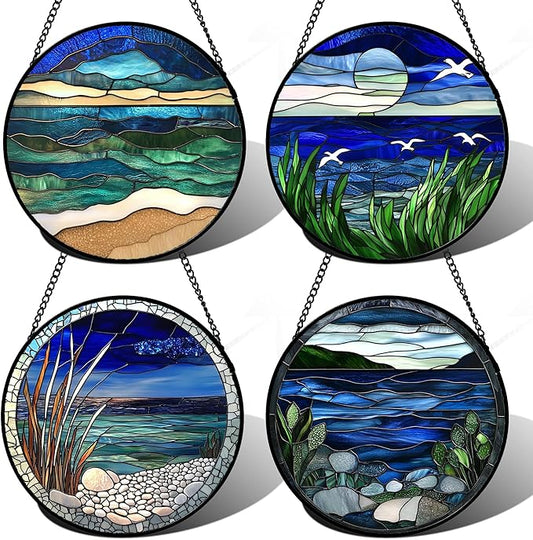 AMDERVEN Stained Glass Window Hanging 4 Pcs Set Navy Blue Ocean Landscape Large by amderven