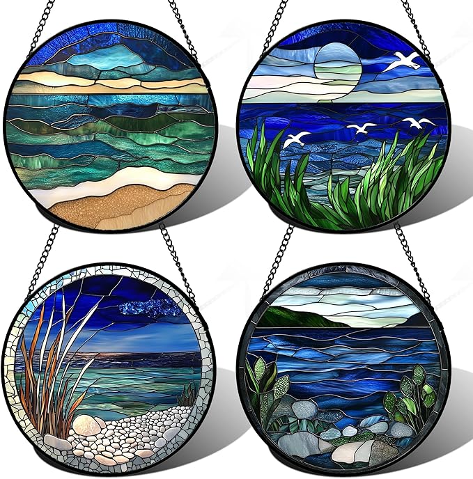 AMDERVEN Stained Glass Window Hanging 4 Pcs Set Navy Blue Ocean Landscape 9.8" by amderven