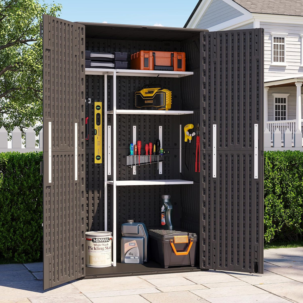 61 cu.ft resin storage shed with metal shelving shown in use