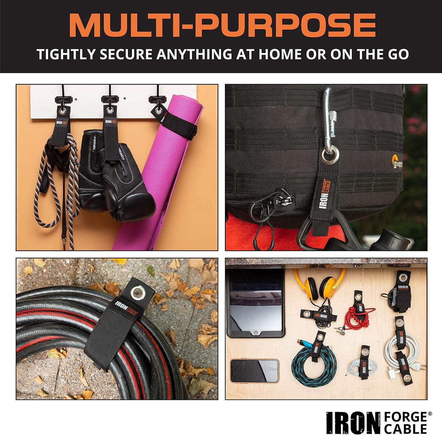 Iron Forge Cable Extension Cord Wrap Organizer, 12 Pack Storage Straps | Multi-Pack, 3 small, 3 medium, 3 large, and 3 XL, Hanger Wraps for Power Cables, Hoses, Ropes, and More