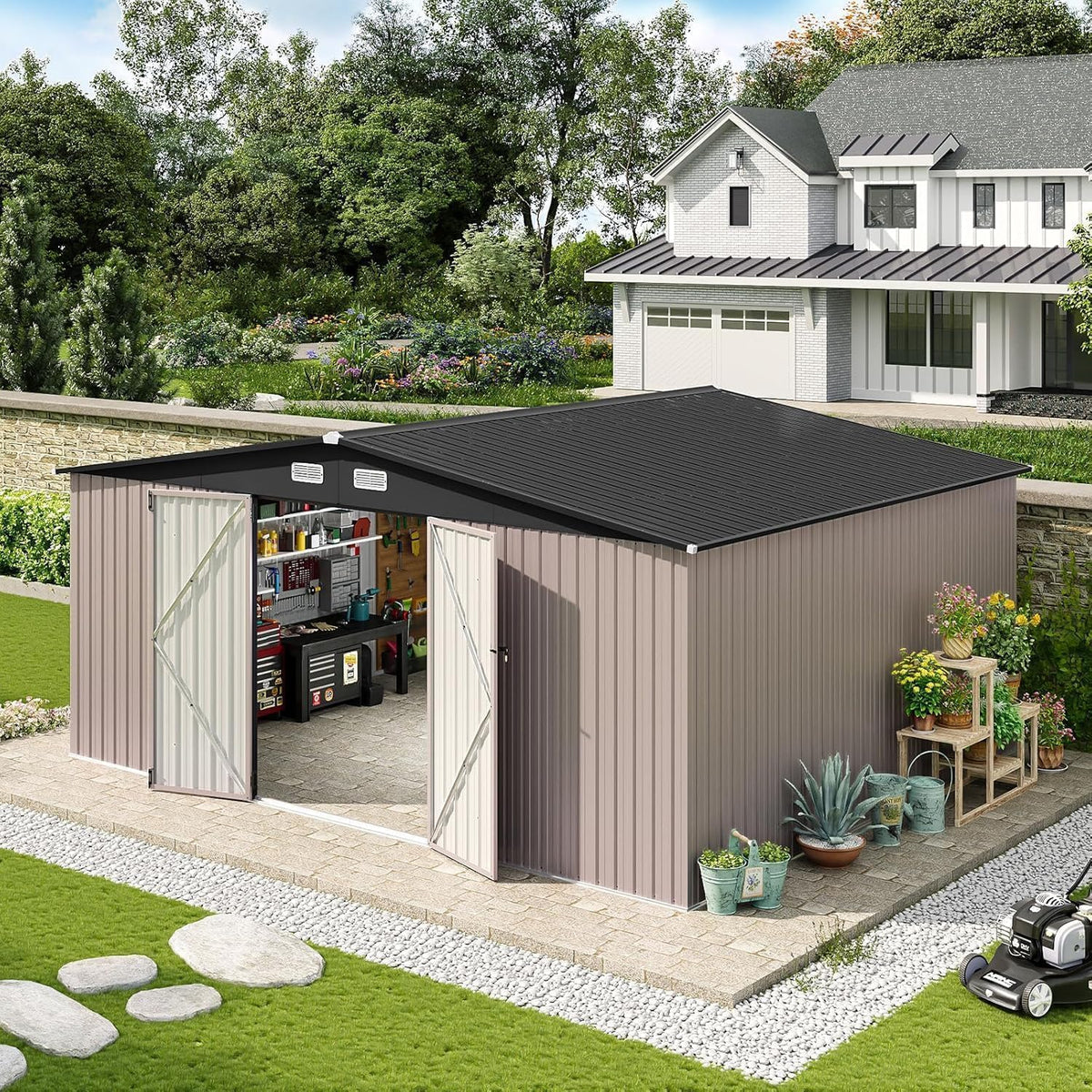 aoxun 14x12 ft outdoor storage shed, metal shed, main product view