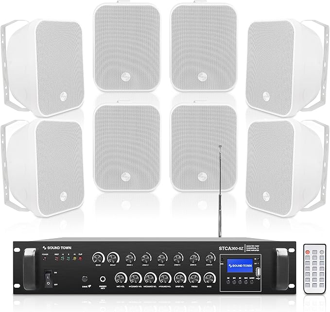 Sound Town Commercial Restaurant Bluetooth Amplifier + Surface-Mount Speaker Set by SOUNDTOWN