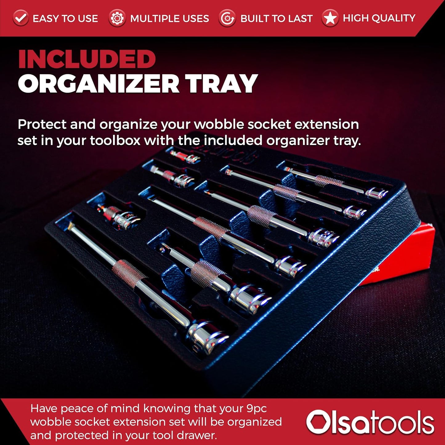 Olsa Tools Wobble Socket Extension Set - 9Pc Cr-V Dual Function Extension Bars - 1/2", 3/8", 1/4" Drive Ratchet Attachments with Non-Slip Grip - High-Performance Garage Tool - Part 1460
