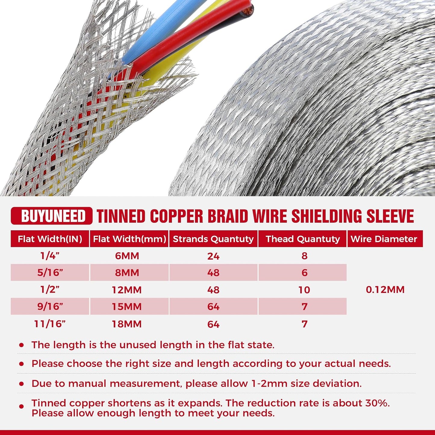 Tinned Copper Braid Wire Shielding Ground Strap Metal Cable Sleeve Expandable Flexible Flat Mesh (5/16 in Wide(0.20 in Dia)-115ft)