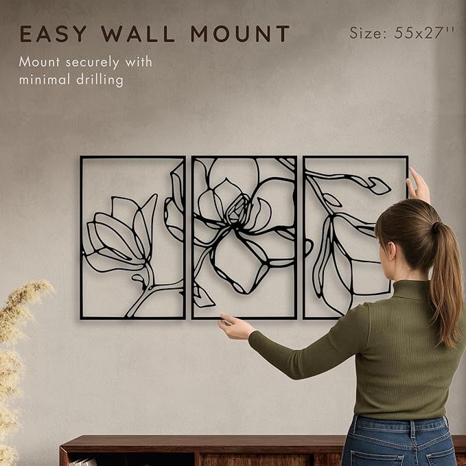 Wita Home Poppy Flower Metal Wall Art, 3-Panel Botanical Line Design, Modern - Image 5