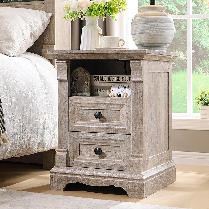 T4TREAM Farmhouse Nightstand Set of 2, Wood End Table w/Roman Column, Bedside - Image 2