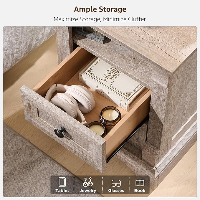 Farmhouse Nightstand with Charging Station, Wooden Side Table w/Roman Column - Image 9