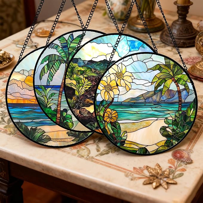 DASTOLL Stained Glass Window Hanging 4 Pcs Set Blue Ocean Coconut Tree Scenery - Image 2