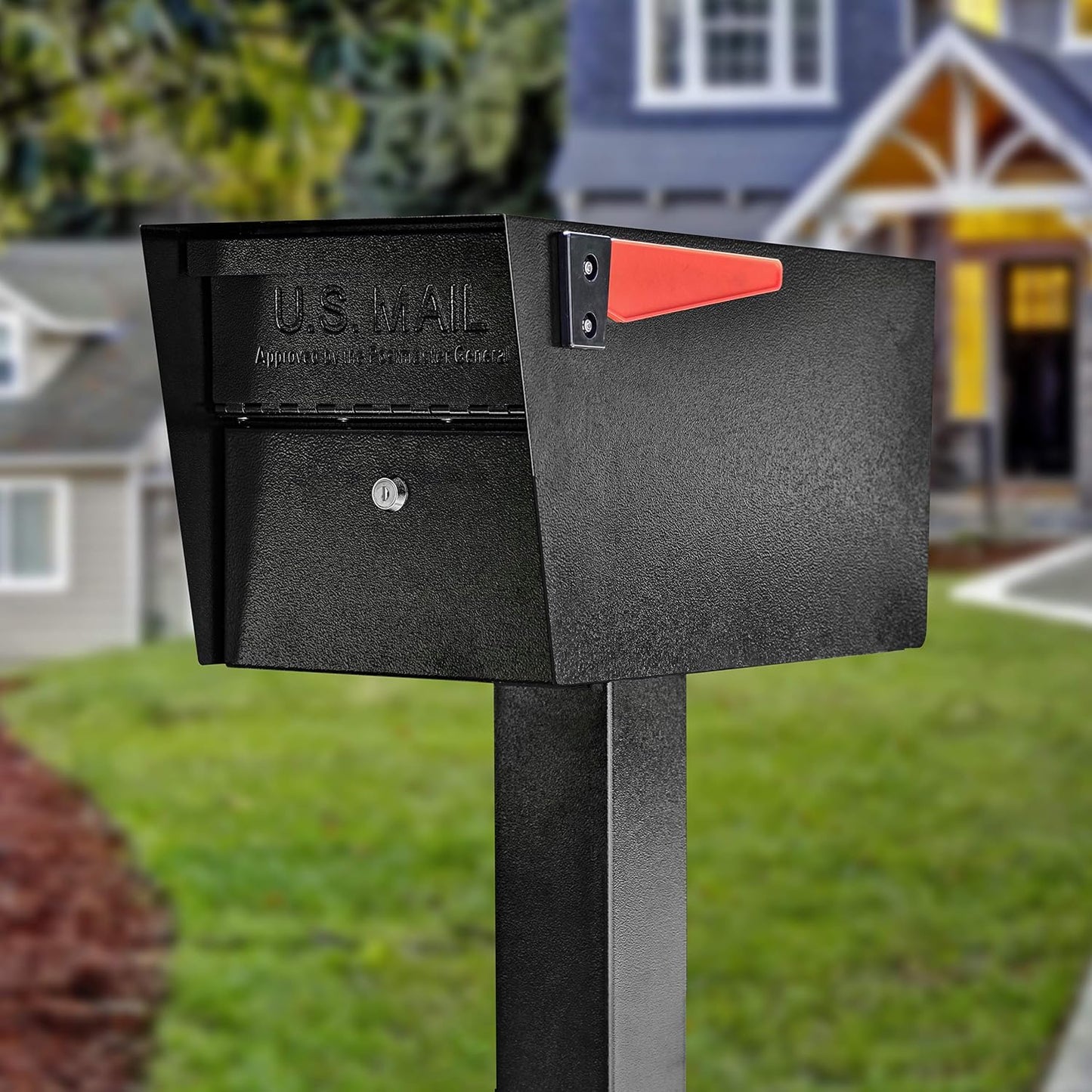 Mail Boss 7106 Curbside Steel Post Mount Security Locking Mailbox, Black, Extra Large, 21 in. D x 11.125 in. W x 13.75 in. H & 7127 Surface Mount, Black Mailbox Post