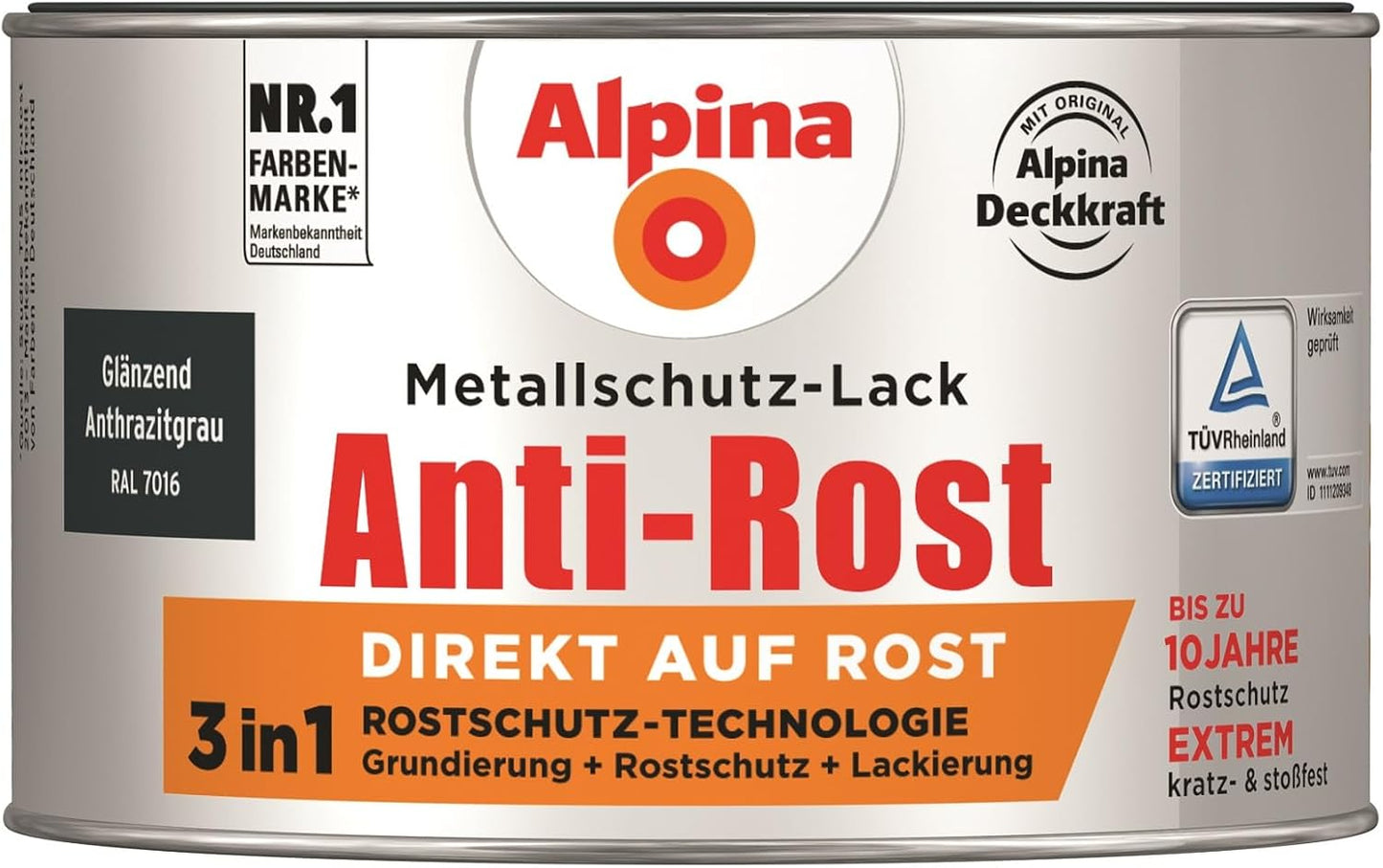 Alpina 300 ml Metallschutz-Lack, 3in1 Direkt auf Rost, RAL 7016 Anthrazitgrau Glänzend
